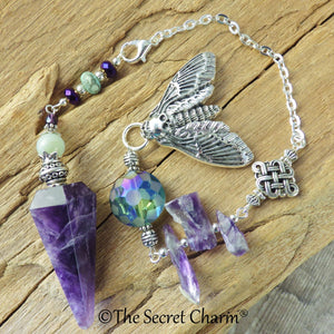 Death Moth Crystal Witches Pendulum, Divination Tool, Amethyst Gemstone Scrying Pendulum, Dowsing Pendant Pagan Wiccan Witchcore Witchy Gift