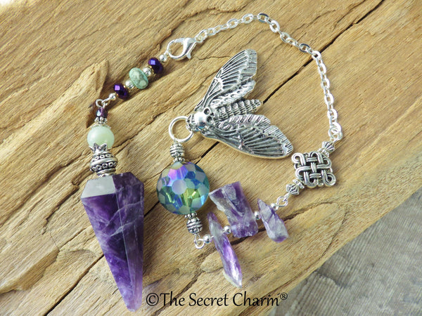 Death Moth Crystal Witches Pendulum, Divination Tool, Amethyst Gemstone Scrying Pendulum, Dowsing Pendant Pagan Wiccan Witchcore Witchy Gift