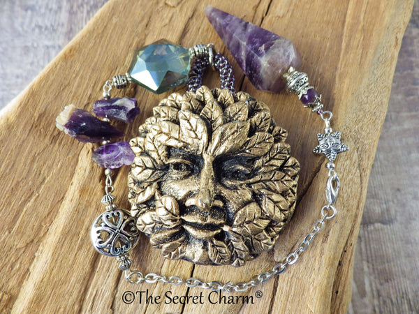 Green Man Dowsing Pendulum, Wiccan Scrying Tool, Pagan Divination Pendulum, Witchy Amethyst Gemstone Pendant, Witchcore Gift, UK Shop Seller