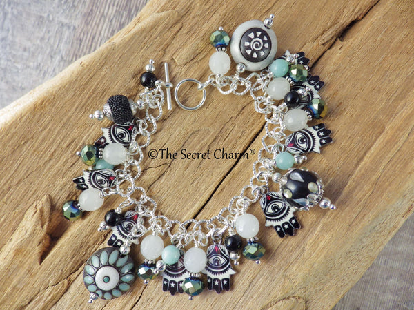 Evil Eye Charm Bracelet, Pagan Protection Jewellery, Loaded Crystal Gemstone Bracelet, Handmade Wiccan Gift Silver Plated, UK Shop