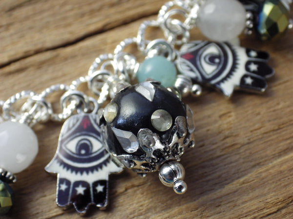 Evil Eye Charm Bracelet, Pagan Protection Jewellery, Loaded Crystal Gemstone Bracelet, Handmade Wiccan Gift Silver Plated, UK Shop