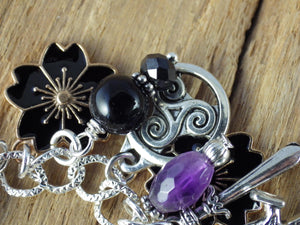 Morrigan Charm Bracelet, Pagan Crow Goddess Loaded Gemstone Bracelet, Wiccan Spiritual Gift, Handmade Silver Plated Wiccan Jewellery UK Shop