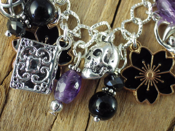 Morrigan Charm Bracelet, Pagan Crow Goddess Loaded Gemstone Bracelet, Wiccan Spiritual Gift, Handmade Silver Plated Wiccan Jewellery UK Shop