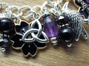 Morrigan Charm Bracelet, Pagan Crow Goddess Loaded Gemstone Bracelet, Wiccan Spiritual Gift, Handmade Silver Plated Wiccan Jewellery UK Shop