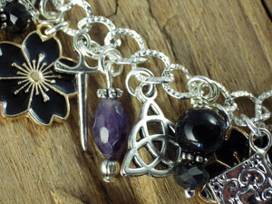 Morrigan Charm Bracelet, Pagan Crow Goddess Loaded Gemstone Bracelet, Wiccan Spiritual Gift, Handmade Silver Plated Wiccan Jewellery UK Shop