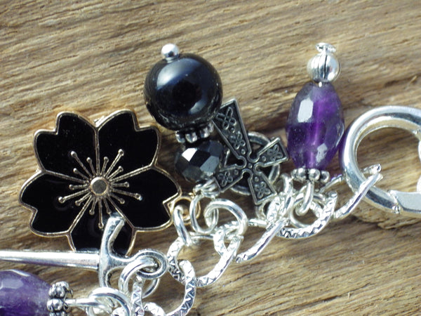 Morrigan Charm Bracelet, Pagan Crow Goddess Loaded Gemstone Bracelet, Wiccan Spiritual Gift, Handmade Silver Plated Wiccan Jewellery UK Shop