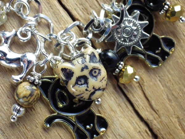Cat Charm Bracelet, Egyptian Goddess Bast Bastet Loaded Gemstone Bracelet, Spiritual Gift, Handmade Silver Plated Wiccan Jewellery UK Shop