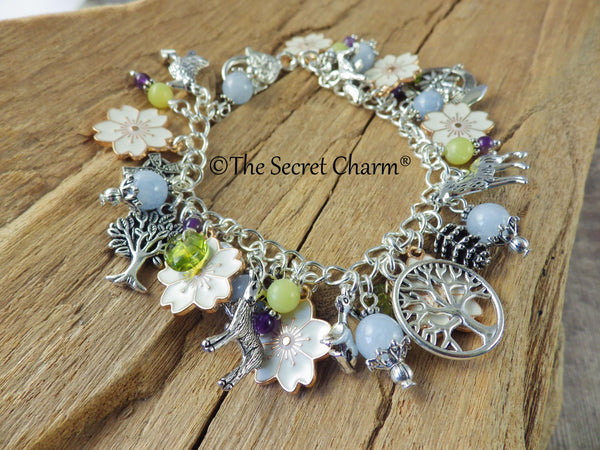 Elen Of The Ways Pagan Charm Bracelet, Nature Green Woman Loaded Bracelet, Handmade Wiccan Jewellery, Floral Gift, Silver Plated, UK Shop