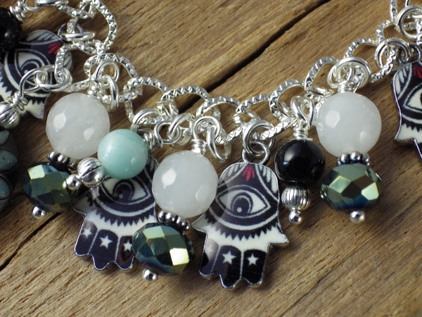 Evil Eye Charm Bracelet, Pagan Protection Jewellery, Loaded Crystal Gemstone Bracelet, Handmade Wiccan Gift Silver Plated, UK Shop