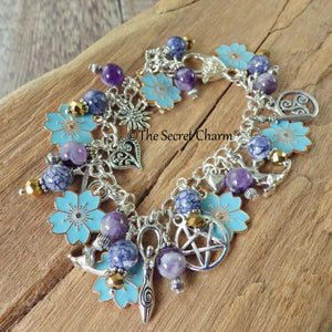 Freya Charm Bracelet, Pagan Norse Goddess Loaded Gemstone Bracelet, Wiccan Spiritual Gift, Handmade Silver Plated Wiccan Jewellery UK Shop