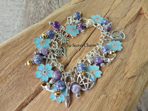 Freya Charm Bracelet, Pagan Norse Goddess Loaded Gemstone Bracelet, Wiccan Spiritual Gift, Handmade Silver Plated Wiccan Jewellery UK Shop