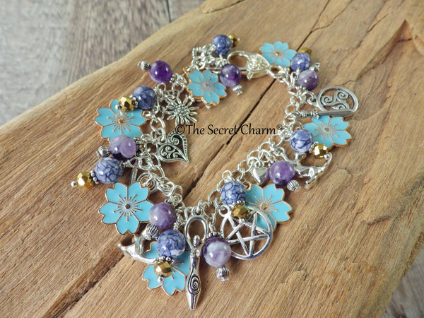 Freya Charm Bracelet, Pagan Norse Goddess Loaded Gemstone Bracelet, Wiccan Spiritual Gift, Handmade Silver Plated Wiccan Jewellery UK Shop