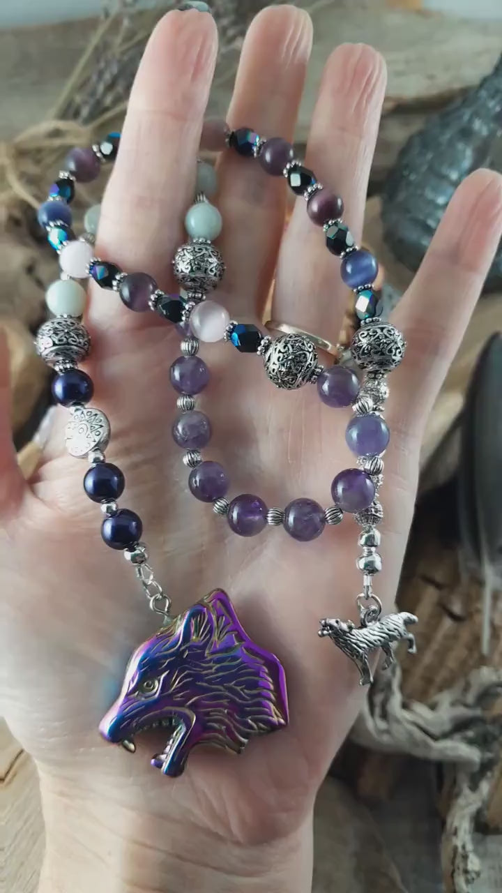 Wolf Spirit Pagan Prayer Beads, Handmade Protection Talisman, Wiccan Rosary Meditation Beads, Purple Amethyst Gemstone Mala Beads, UK Seller