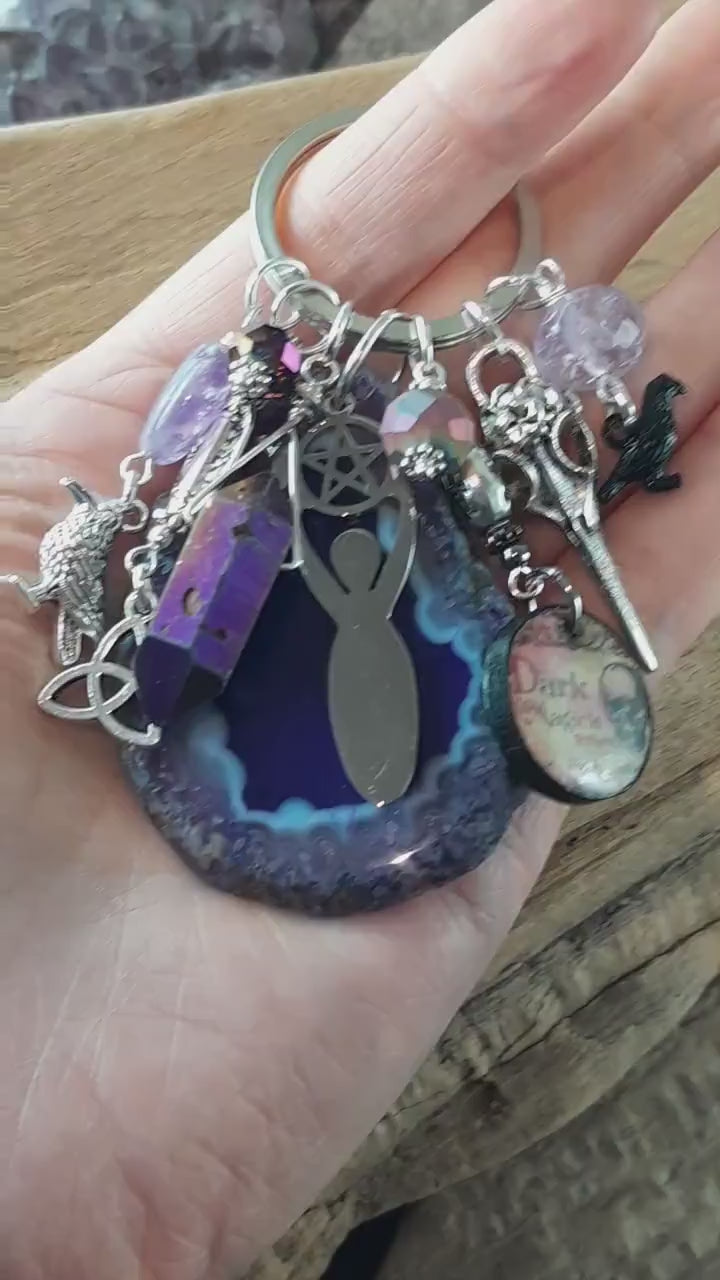 Dark Goddess Morrigan Gemstone Bag Charm, Keychain Keyring