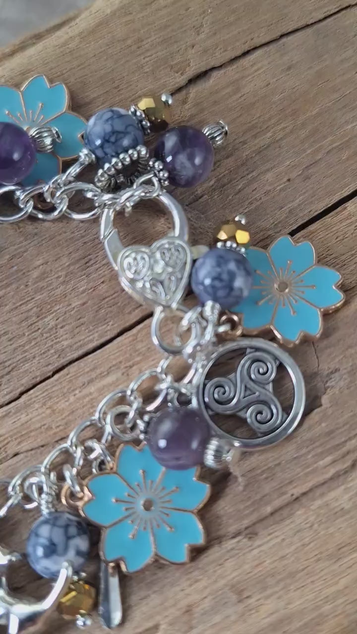 Freya Charm Bracelet, Pagan Norse Goddess Loaded Gemstone Bracelet, Wiccan Spiritual Gift, Handmade Silver Plated Wiccan Jewellery UK Shop