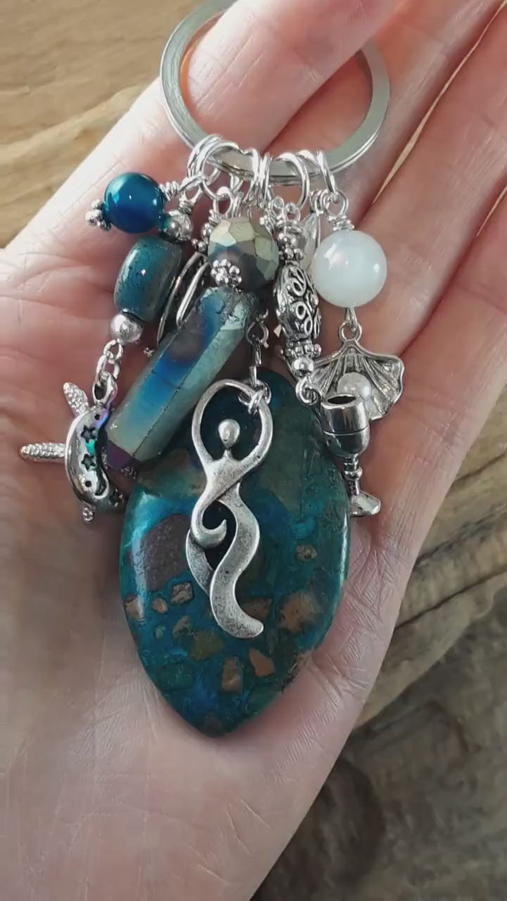 Sea Goddess Coventina Gemstone Bag Charm, Keychain Keyring