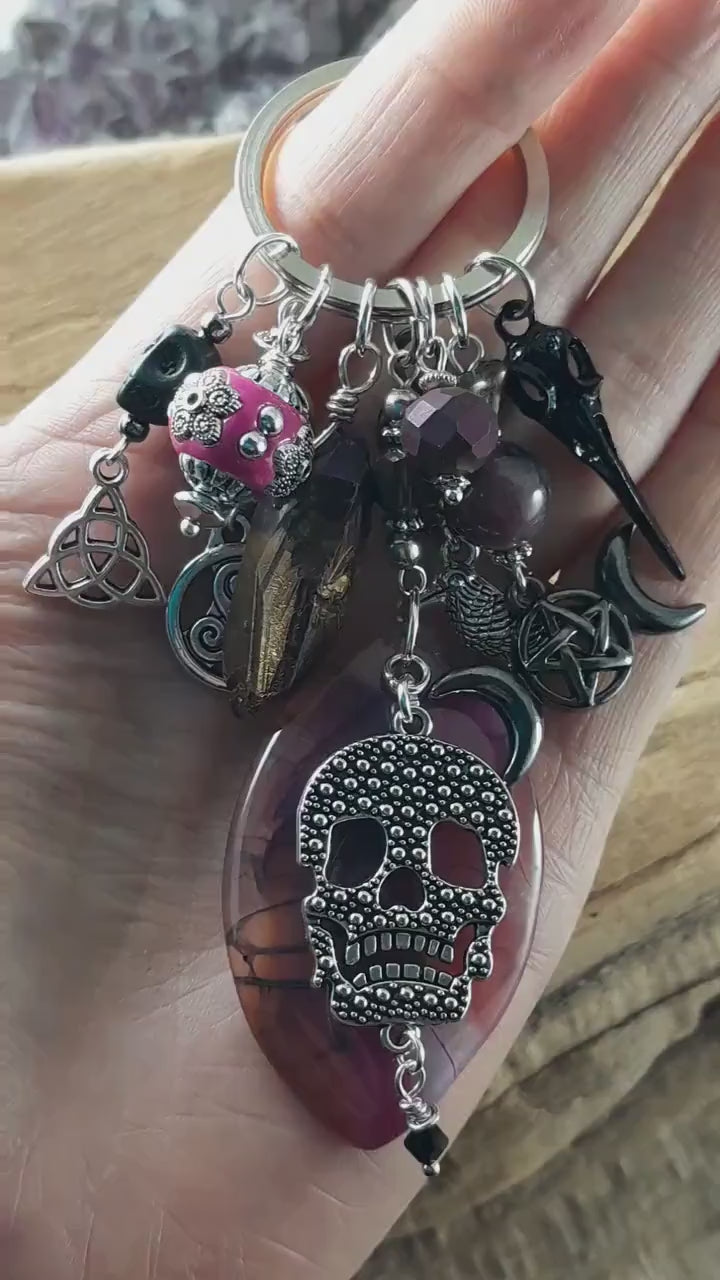 Morrigan Gemstone Bag Charm, Crow Goddess Keychain Keyring