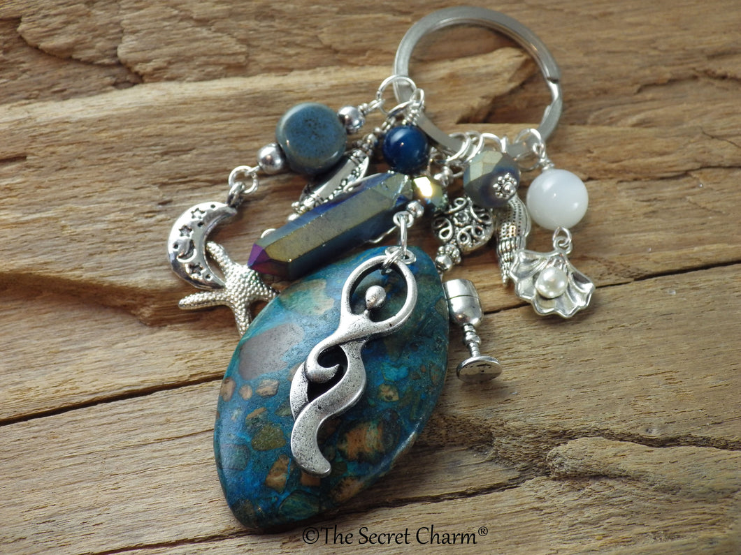 Sea Goddess Coventina Gemstone Bag Charm, Keychain Keyring