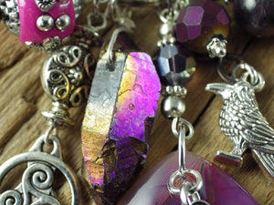 Morrigan Gemstone Bag Charm, Crow Goddess Keychain Keyring OOAK