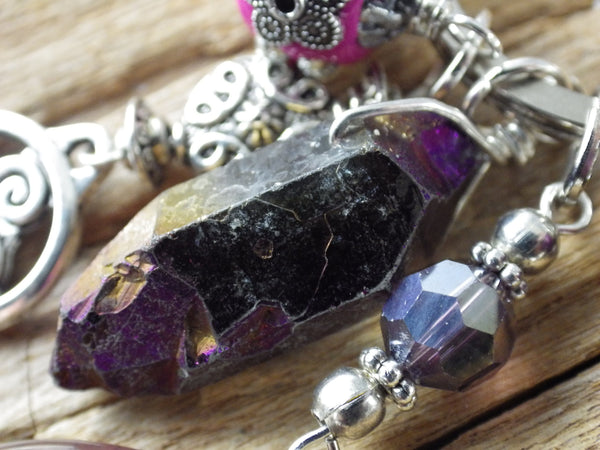 Morrigan Gemstone Bag Charm, Crow Goddess Keychain Keyring OOAK