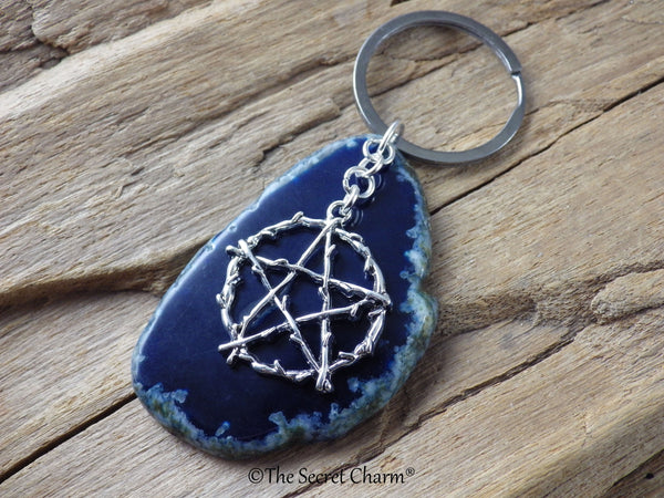 Blue Agate & Pentagram Keyring Keychain, Bag Charm