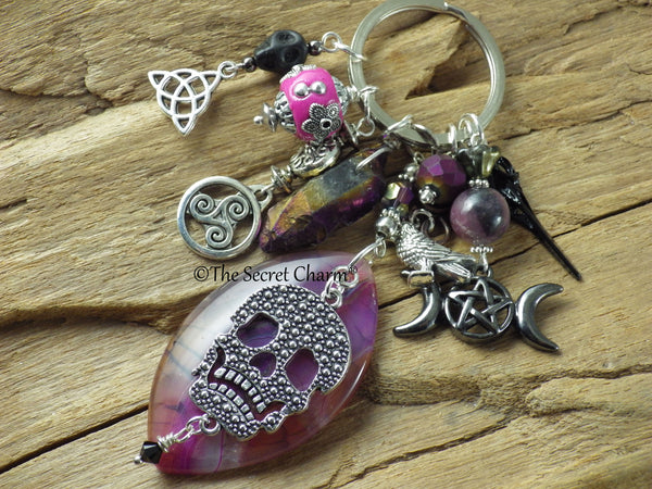 Morrigan Gemstone Bag Charm, Crow Goddess Keychain Keyring OOAK